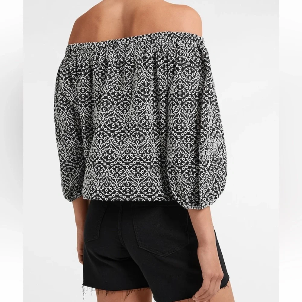 NWT! Express Black Embroidered Off The Shoulder Balloon Sleeve Top - Picture 3 of 4